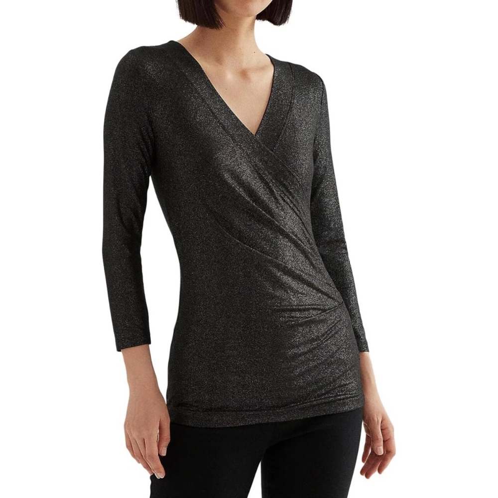 Ralph Lauren Gray 3/4 Sleeve Fitted Wrap‎ Blouse​